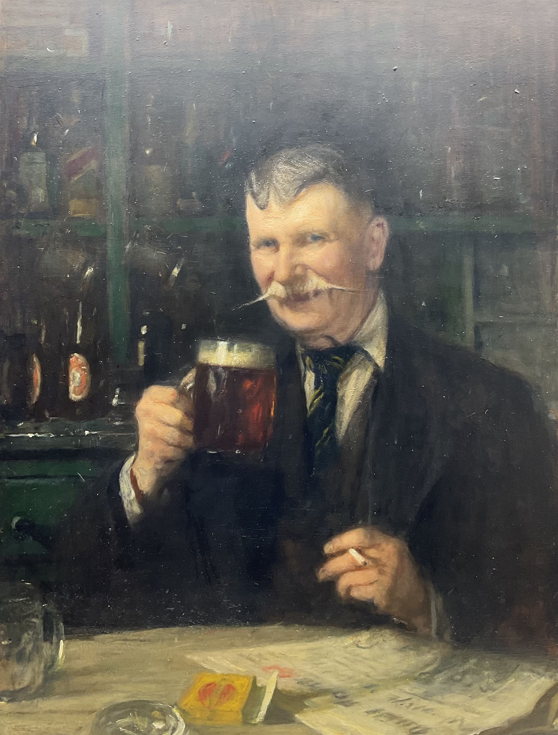 Frederick (Fred) William Elwell RA (British 1870-1958): Portrait of a Moustachioed Gentleman with a Pint of Beer and a Cigarette, oil on board unsigned 89cm x 68cm 
Provenance: from The Bell Hotel, Driffield; purchased Bonhams 20th January 2004 Lot 114