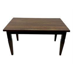 Mid-20th century Dutch oak dining table, rectangular top raised on square supports with tapered sections; four ladderback dining chairs, on turned supports with H-stretchers