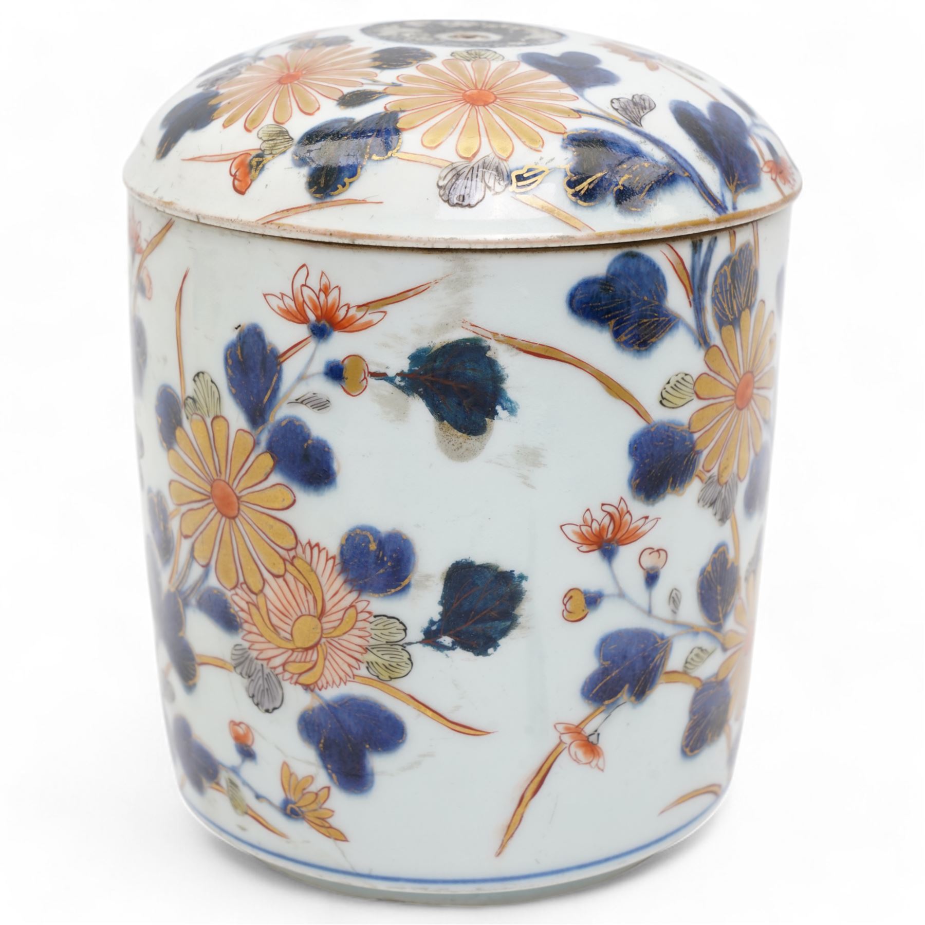 Japanese Edo period, 18th century porcelain jar and cover, decorated in the imari palette with branches of chrysanthemums, H18cm x D13.5cm 