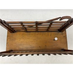 Early 20th century novelty letter rack modelled as a gate and picket fence, with brass post finials, on pine base, L43cm
