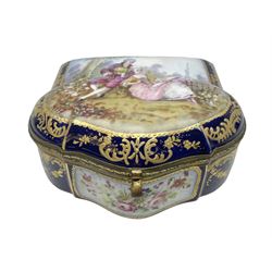 Sevres style late 19th/early 20th century trinket box decorated in the rococo style, the shaped cover painted with an 18th century courting couple in a garden scene opening to reveal the interior painted with floral sprays, the conforming body with a painted panel of floral decoration, all reserved upon cobalt blue ground with foliate gilt borders, with interlaced L's mark beneath, L12cm H6cm