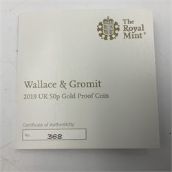 The Royal Mint United Kingdom 2019 'Wallace and Gromit' gold proof fifty pence coin, cased with certificate