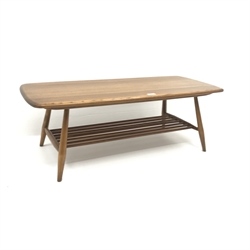 Ercol occasional coffee table, turned undetier, outsplayed supports, W105cm, H37cm, D47cm