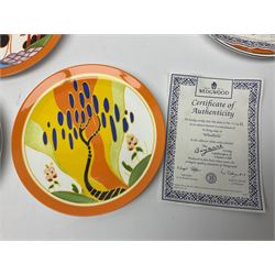 Thirteen Clarice Cliff Wedgwood limited edition plates, including Orange Roof Cottage, Summerhouse, Honolulu, Farmhouse etc, D20cm 