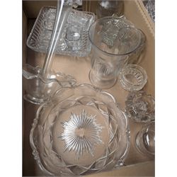 Clear glass epergne, silver plated tray, and a collection of cut and coloured glass ware, in two boxes