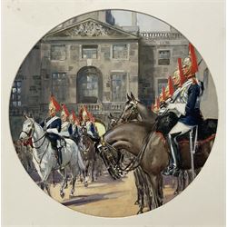 English School (20th century): Queen's Guard's Mounted on Horseback outside Palace, circular watercolour and gouache 38cm x 38cm (unframed)