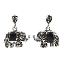 Silver black onyx and marcasite elephant stud earrings, stamped 925