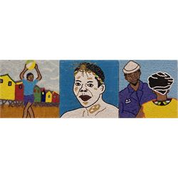 Monica Mandisa Masine (South African 1964-): 'Portrait' 'Couple' and 'Football', set three beadwork collages, signed verso 18cm x 18cm (3)