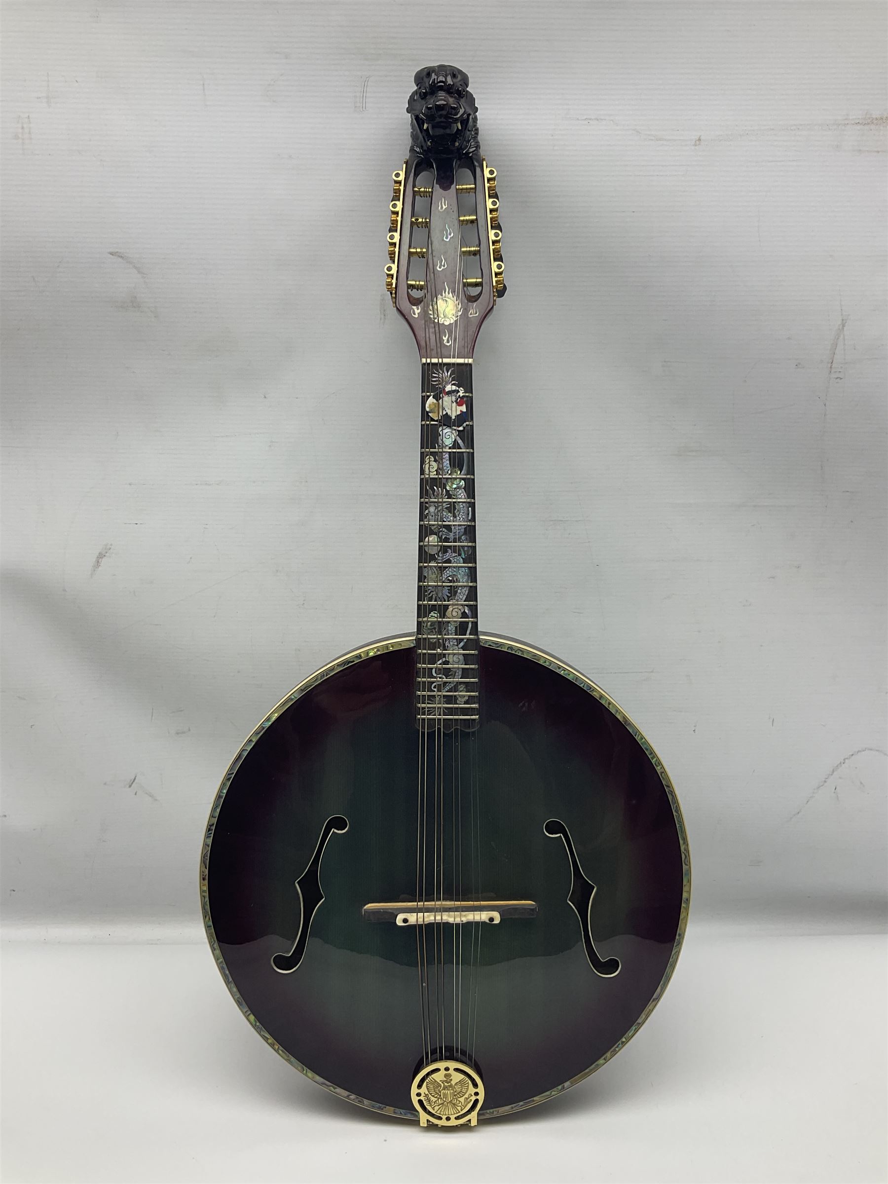 Chinese F-hole eight-string mandolin with sunburst finish, mother-of-pearl inlay of dragons chasing the flaming pearl and dragon carved headstock L71cm