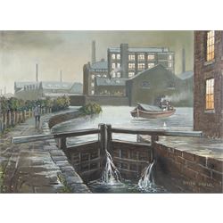 Steven Scholes (Northern British 1952-): 'The Rochdale Canal - Dale St Basin - Manchester 1962', oil on canvas signed, titled verso 29cm x 39cm
