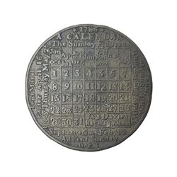 18th century brass calendar medal, for 1786, by James Davies, with moonphase calendar to reverse