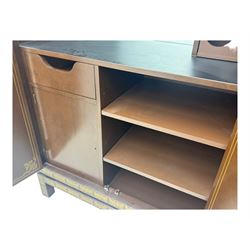 Chinese brown lacquered cocktail cabinet, decorated with gilt scenes of a traditional landscape with figures, pagodas, and mountainous scenery, double doors opening to reveal fitted interior with mirrored back, wine rack, shelves and cupboard, raised on square supports