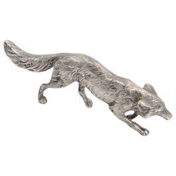 German silver model of a prowling fox, stamped Germany Sterling to underside of tail, together with a Continental silver model of a hair, with London import mark for 1971, tallest H6cm 