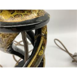  Kashmiri papier mache table lamp, open spiral twist column decorated with flowers, on a turned base,  H43cm
