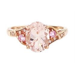 9ct rose gold morganite, pink sapphire and diamond ring, single oval cut morganite, with d...