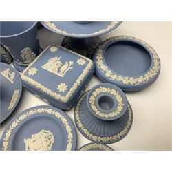 Collection of Wedgwood jasperware, to include footed fruit bowl, salt and pepper shakers, footed dish, plates, cups and saucers etc (32)