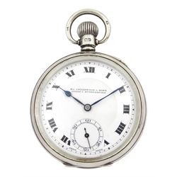 Early 20th century open face keyless lever presentation pocket watch by Rolex, white enamel dial with Roman numerals and subsidiary seconds dial, case by Dennison Watch Case Co, Birmingham 1928, retailed by William Greenwood & Sons, Leeds & Huddersfield