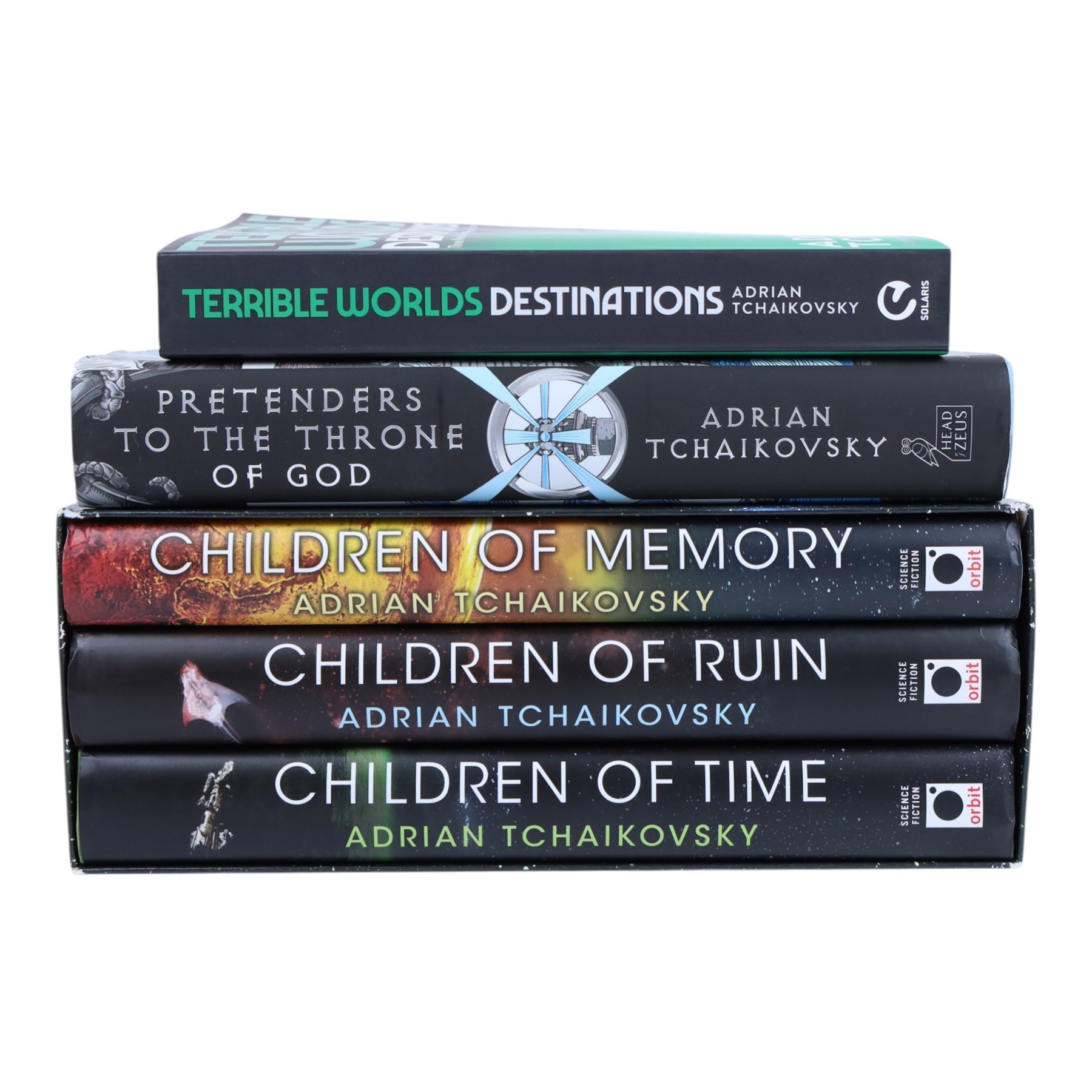 Five Adrian Tchaikovsky signed first edition novels, to include 'Children of Time' trilogy, 'Pretenders to the Throne of God' and 'Terrible Worlds - Destinations'