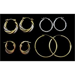 Four pairs of 9ct white and yellow gold hoop earrings, stamped or tested, approx 4.95gm