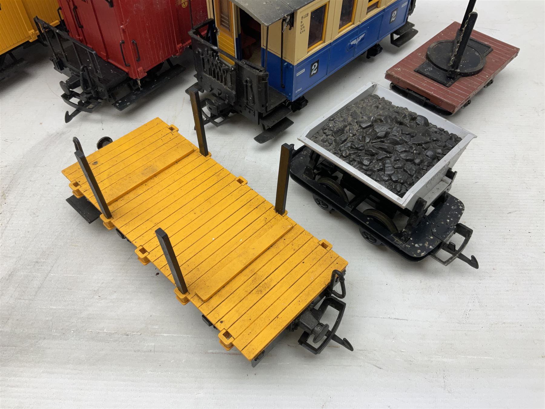 Three LGB (Lehmann Gross Bahn) G scale, gauge 1, rolling stock wagons, comprising two Lake George and Boulder wagons and an Auto Express wagon, together with a LGB passenger coach, other LGB rolling stock and a Lehmann Rigi900 ski lift