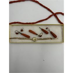Coral bead necklace and two pairs of carved coral earrings, together with a 9ct gold ladies wristwatch with 9ct gold strap, silver bracelet and a silver pencil
