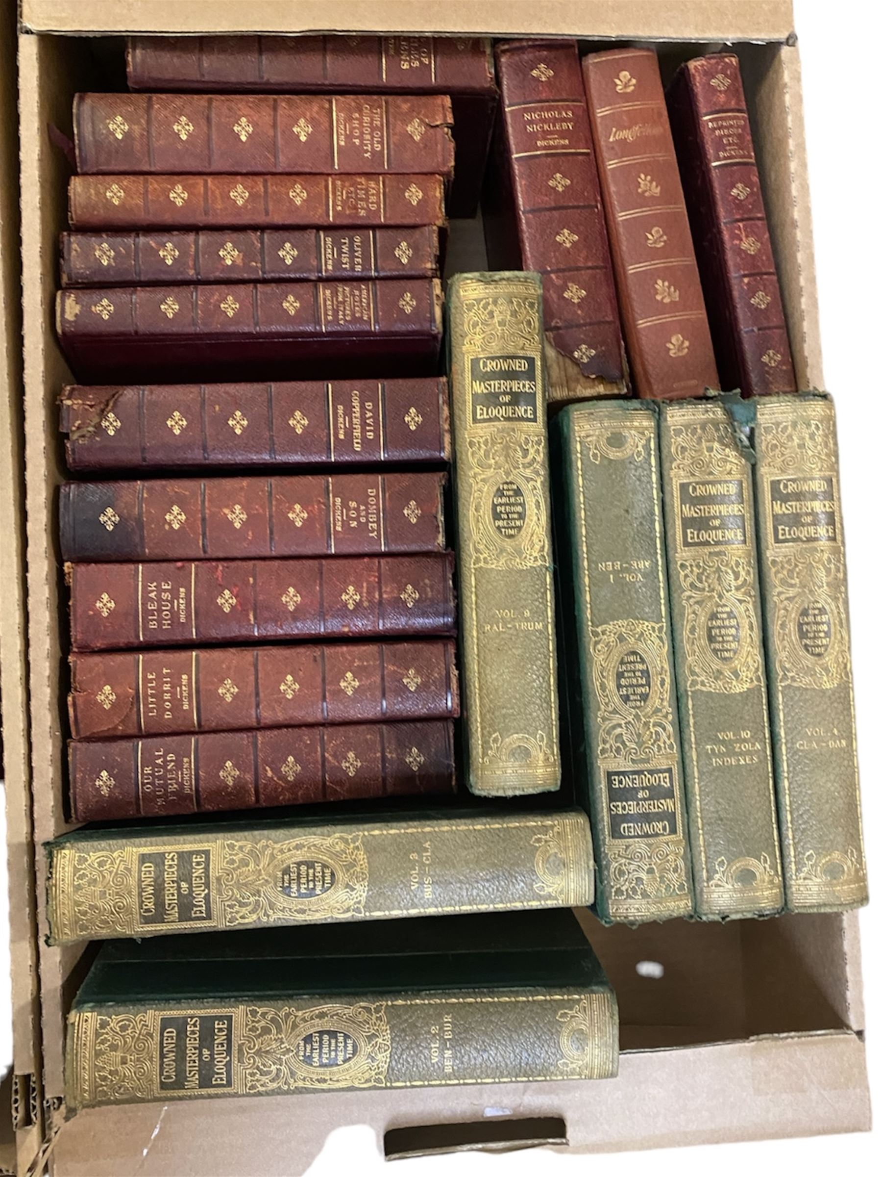 Large collection books, to include Dickens novels, Punch Humour, British Encyclopaedia volumes and six volumes of Crowned Masterpieces of Eloquence, etc, in four boxes 