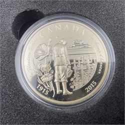 Canada 2015 'The Flanders Fields Silver Pair', comprising twenty dollars and fifty dollars fine silver proof coins, cased with certificate