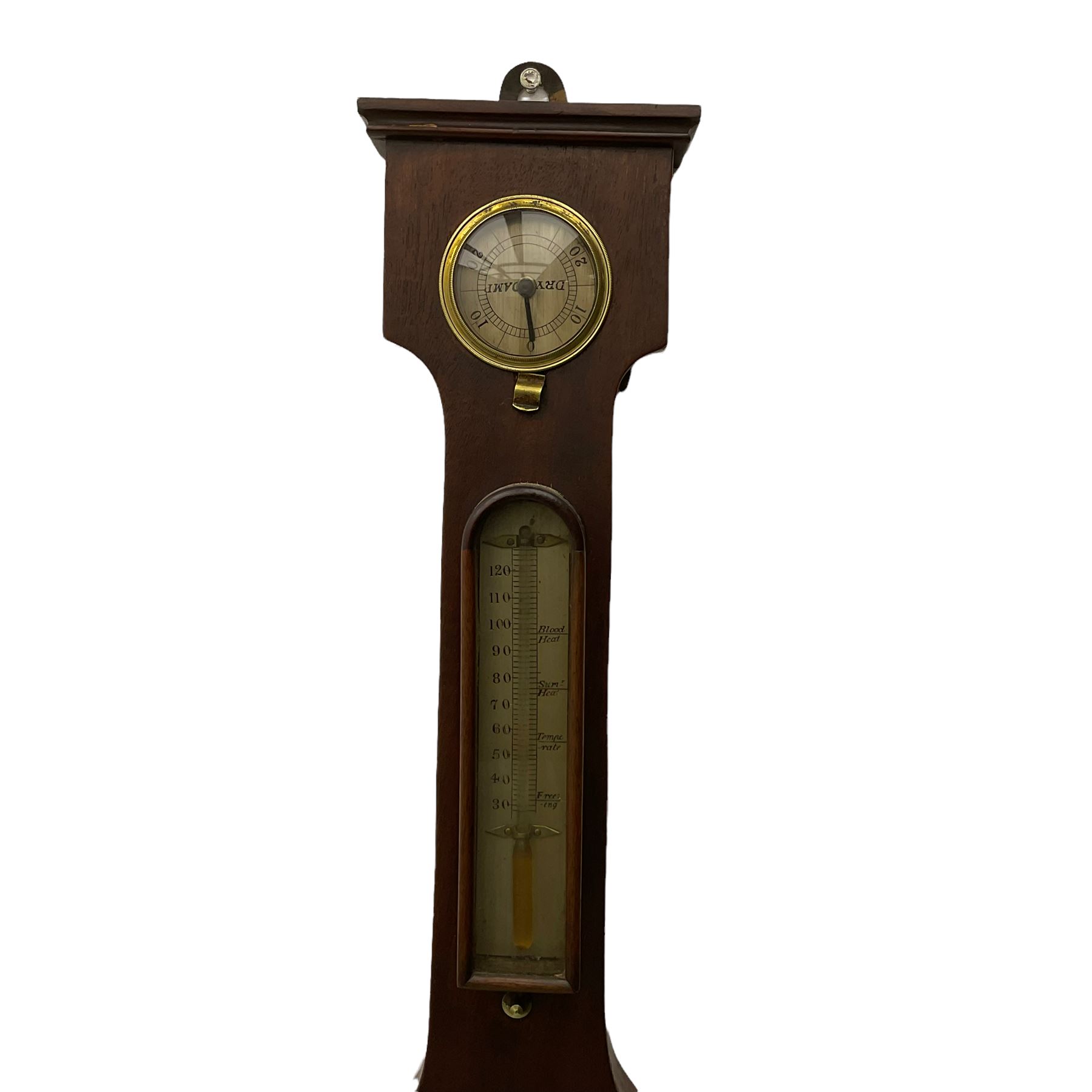 A Victorian mahogany wheel barometer with a mercury cistern, c1880, with a flat top and rounded base, 8” silvered dial with weather predictions, steel indicating hand and brass recording hand, short spirit thermometer, butlers mirror (missing), hygrometer and spirit level.

