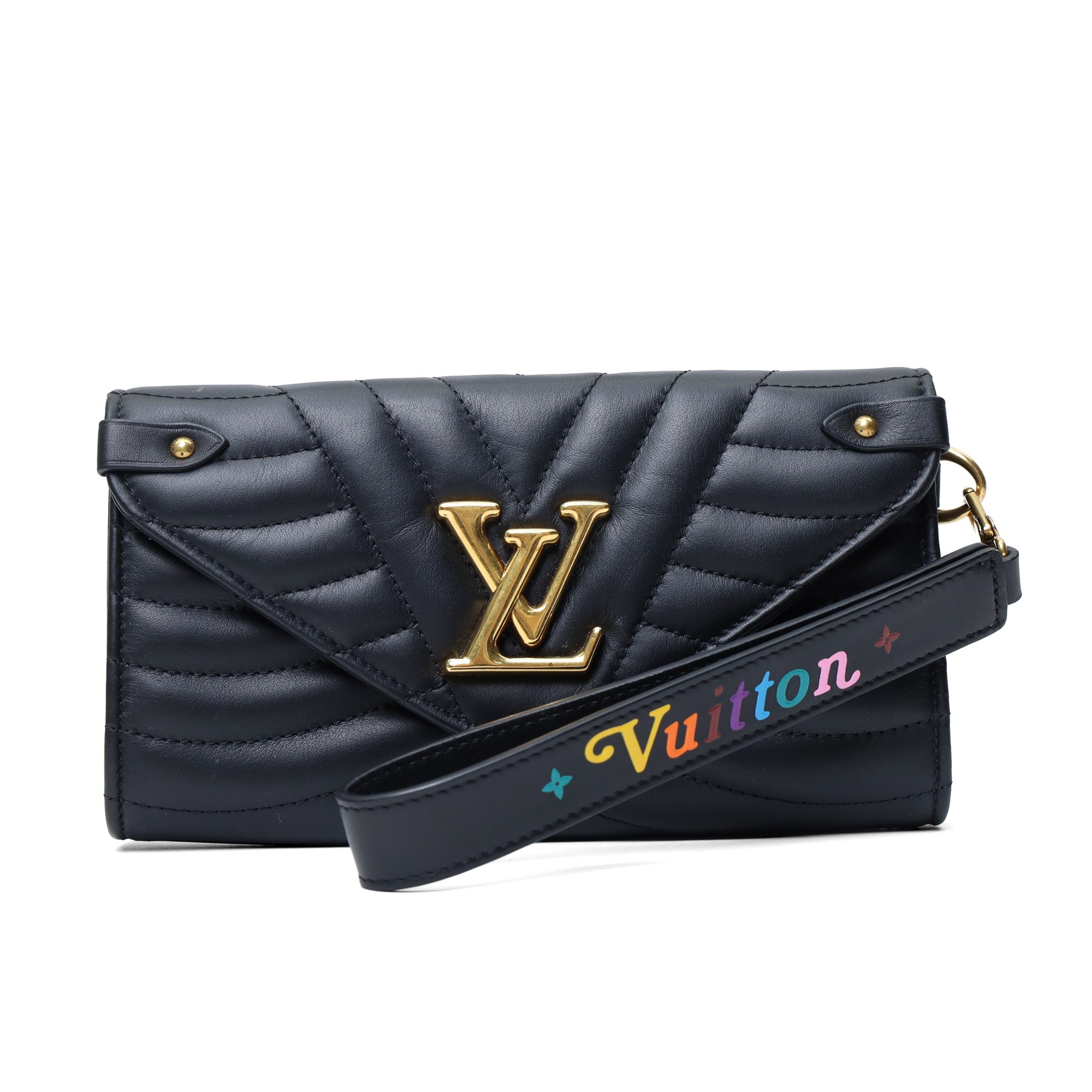 Louis Vuitton - ‘New Wave’ Long Wallet in black quilted calf leather, the envelope flap with oversized gold-tone LV logo and press-stud fastening, with detachable wrist strap detailed in multicoloured Louis lettering and Monogram flowers, opening to a fitted leather interior with twelve card slots, two compartments and zipped pocket, with care booklet and box