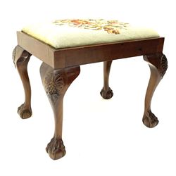 Georgian style mahogany stool, rectangular seat with drop in needlework upholstered seat cushion, on shell carved cabriole supports with ball and claw feet