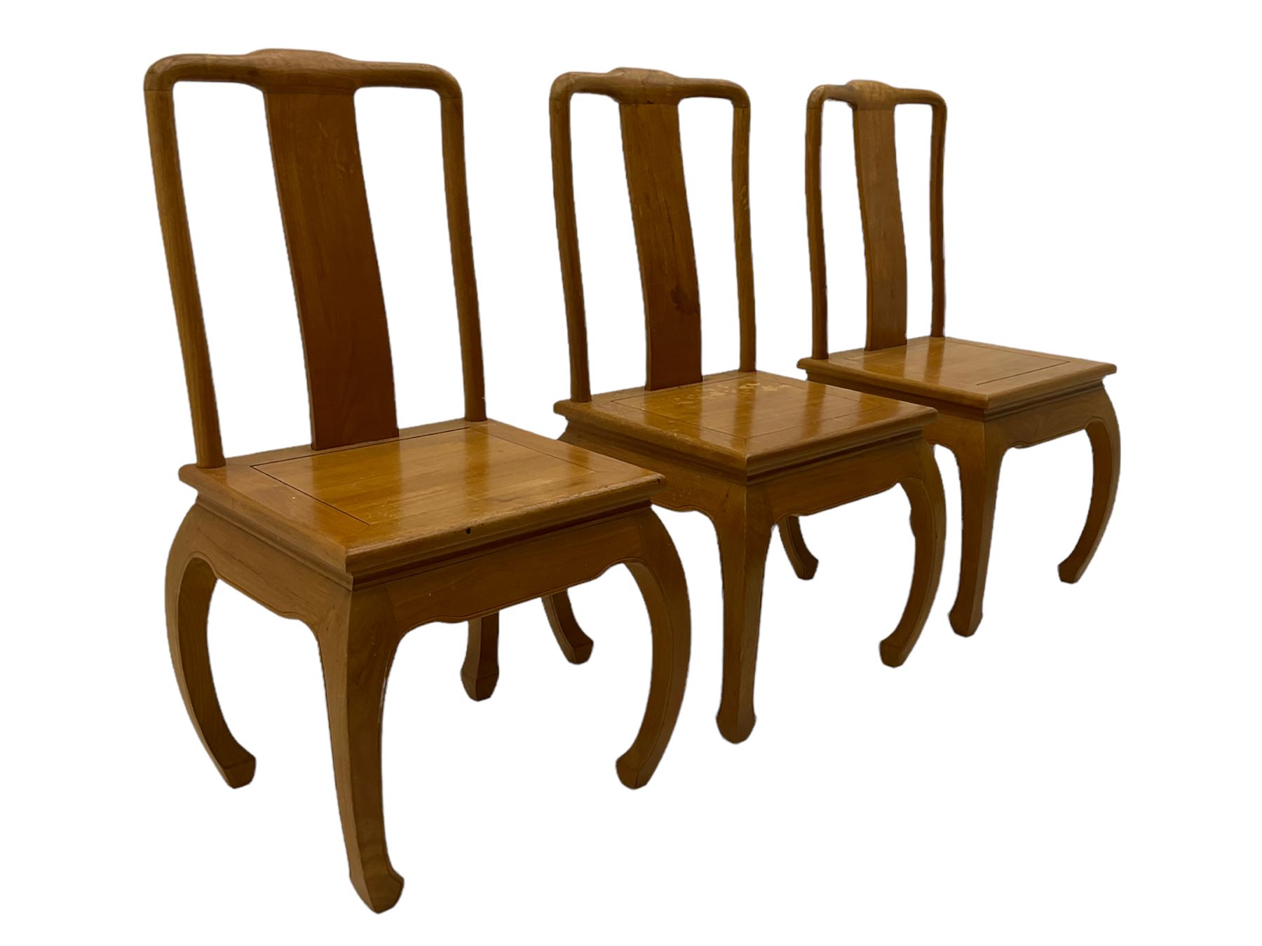 Oriental hardwood rectangular dining table, and six high back dining chairs with solid seats