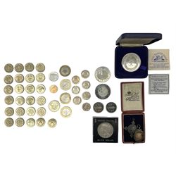 Queen Elizabeth II old round one pound coins, small number of decimal coins, two 1999 five pound coins, United States of America 1922 silver dollar, other coins and two hallmarked silver fobs