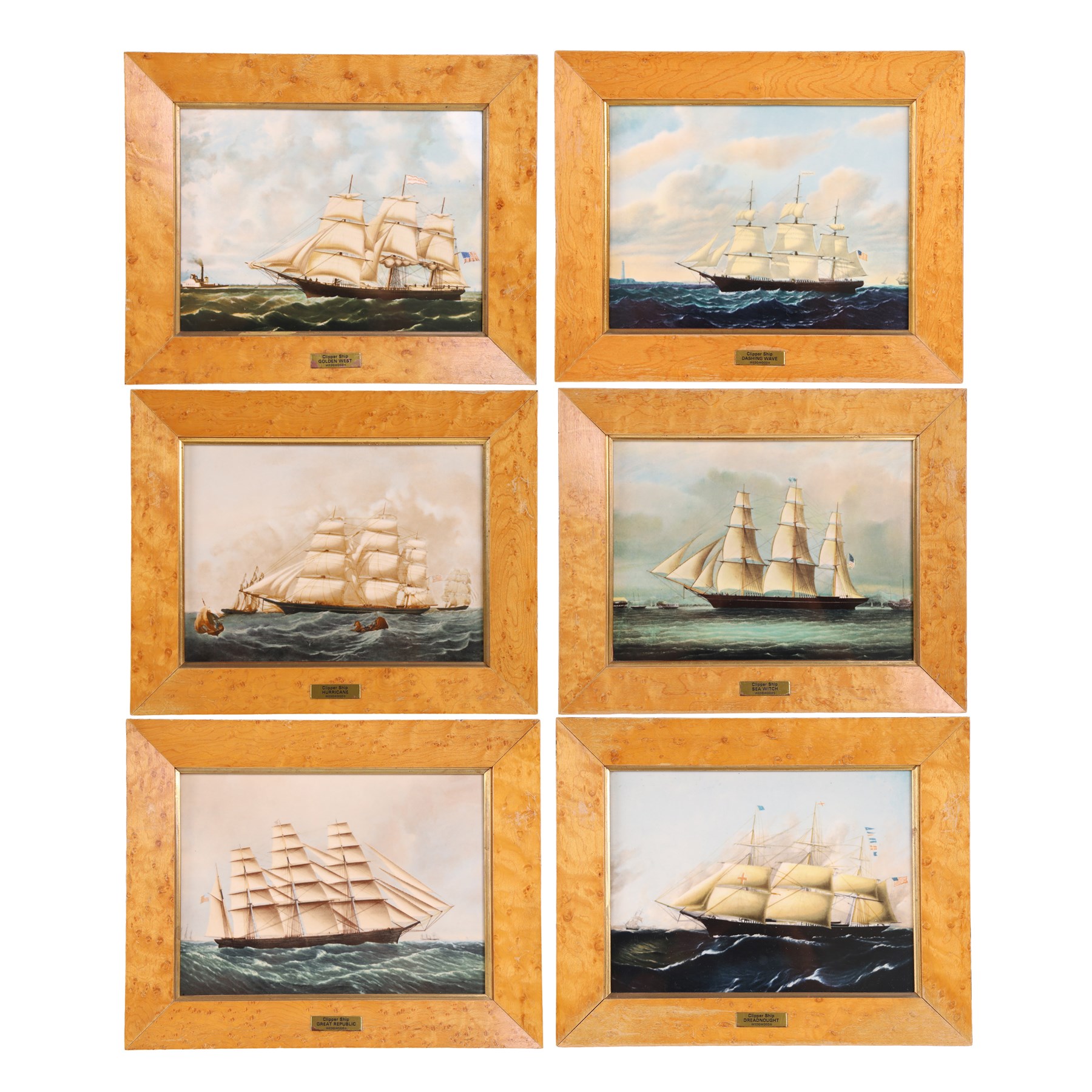 Set of Six Wedgwood plaques, each decorated with a clipper ship, inscribed to the reverse, in maple frames, 25cmx31cm