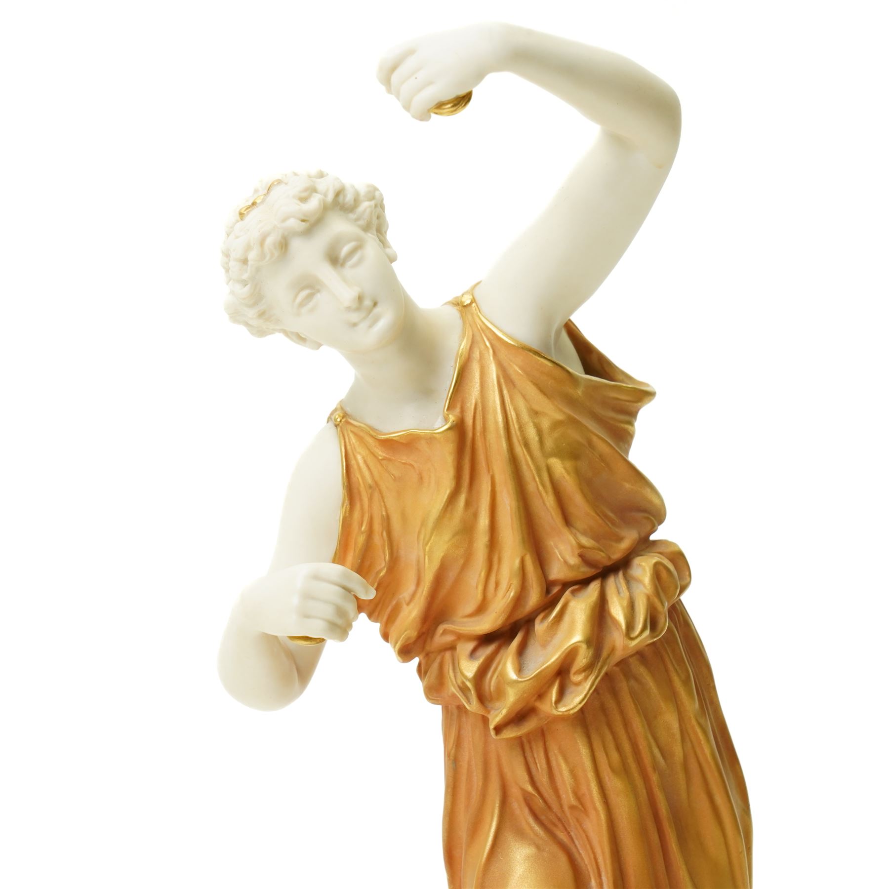 Pair of Royal Worcester figures of female musicians modelled by James Hadley, one with cymbals, decorated in gilt and on circular bases H33cm  