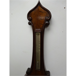  William lV wheel barometer with thermometer, scroll carved onion top rosewood case with silvered dials, inscribed A.C.Cattaneo, Stockton, H100  