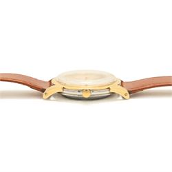 Omega Constellation gentleman's gold capped and stainless steel bumper automatic chronometer wristwatch, Cal. 354, champagne dial with dart hour markers, on brown leather strap, boxed with papers dated 1955