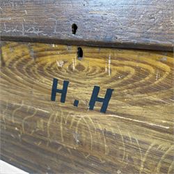 Victorian stained pine carpenters toolbox and contents, fitted interior with saws, planes, chisels etc