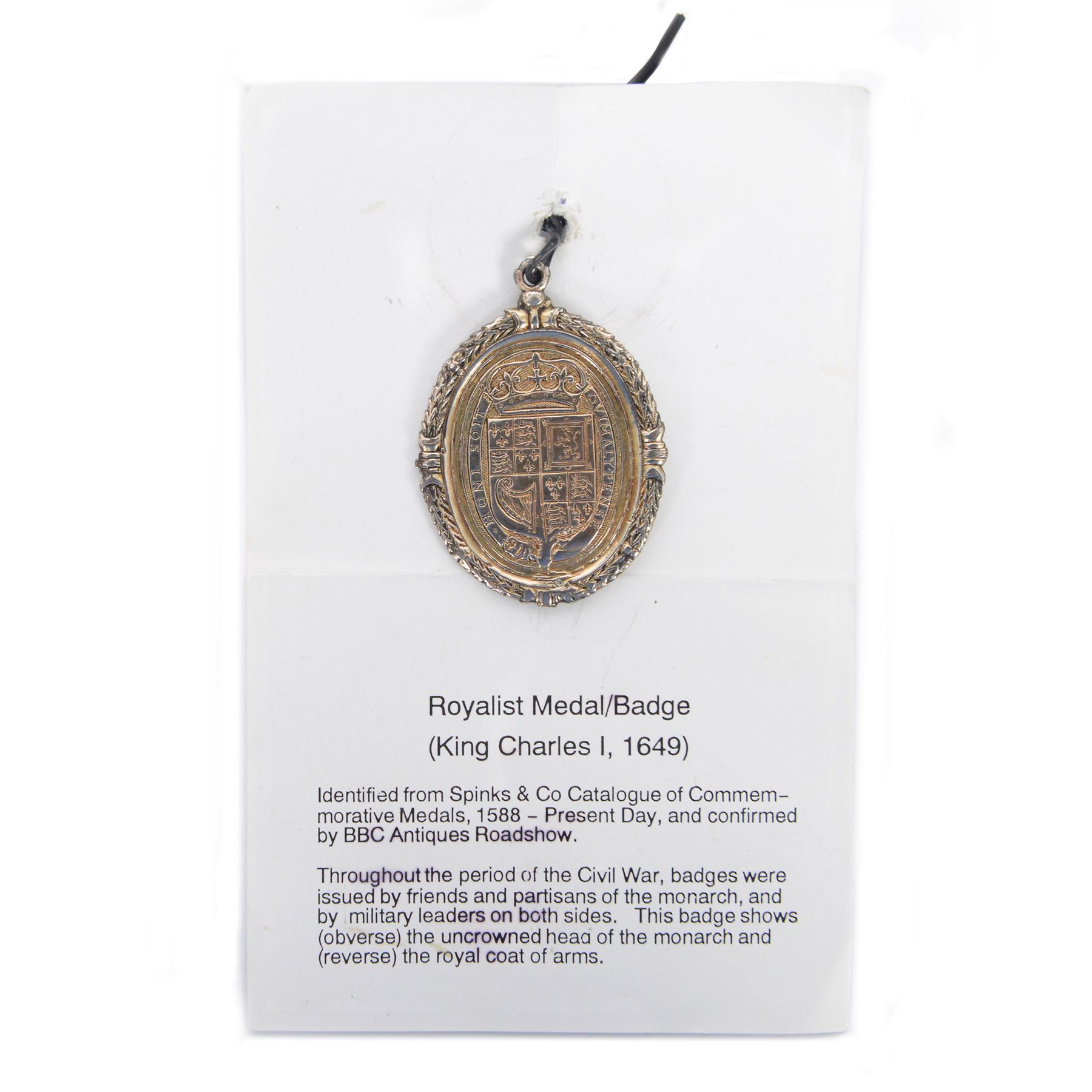 Charles I, silver gilt Royalist Badge, by Thomas Rawlins, Charles I in profile to right, lace collar and doublet, CAROLVS DG MAG BRI FR ET HIB RX, the reverse crowned shield of Royal arms, wreath border around to both sides, H5.2cm