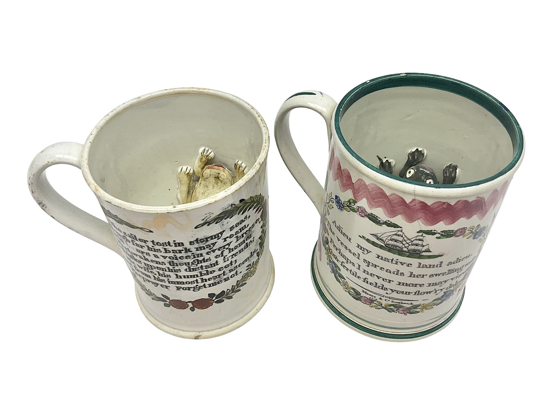 Staffordshire frog mug, depicting the ship Agamemnon in a storm, with lustre decoration and quote verso 'The sailor tost in stormy seas, though for his bark may roam, still hears a voice in every breeze, that wakens thoughts of home, he thinks upon his distant friends, his wife, his humble cot, and from his inmost heart ascends, the prayer Forget Me Not.', together with a similar later frog mug, depicting the 'west view of the cast iron bridge over the River Wear Sunderland', tallest H12.5cm