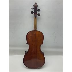 German violin c1890 with 36cm two-piece maple back and ribs and spruce top; bears label 'Antonius Stradivarius Cremona Faciebat Anno 1729' L59.5cm overall; in ebonised wooden 'coffin' case