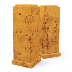 Art Deco style pair of burr walnut pedestals, rounded square top raised on a plinth base