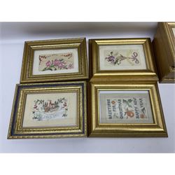Collection of twenty six, mostly WWI period embroidered silk greetings cards and postcards, including sweetheart, Christmas and forget me not examples, all within modern gilt frames