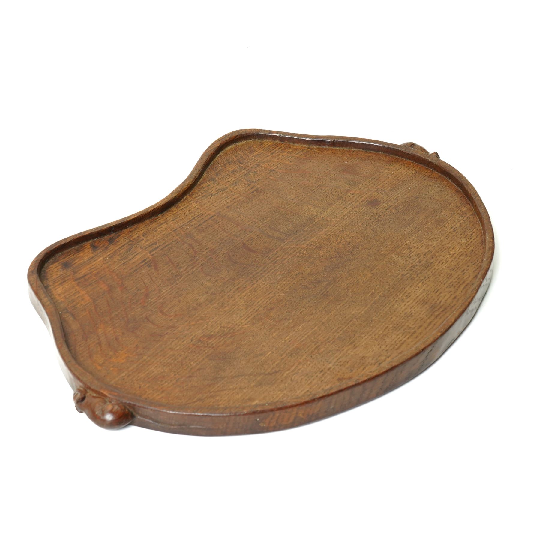 Mouseman - adzed oak kidney shaped tea tray, with twin carved mouse signature handles, by the workshop of Robert Thompson of Kilburn