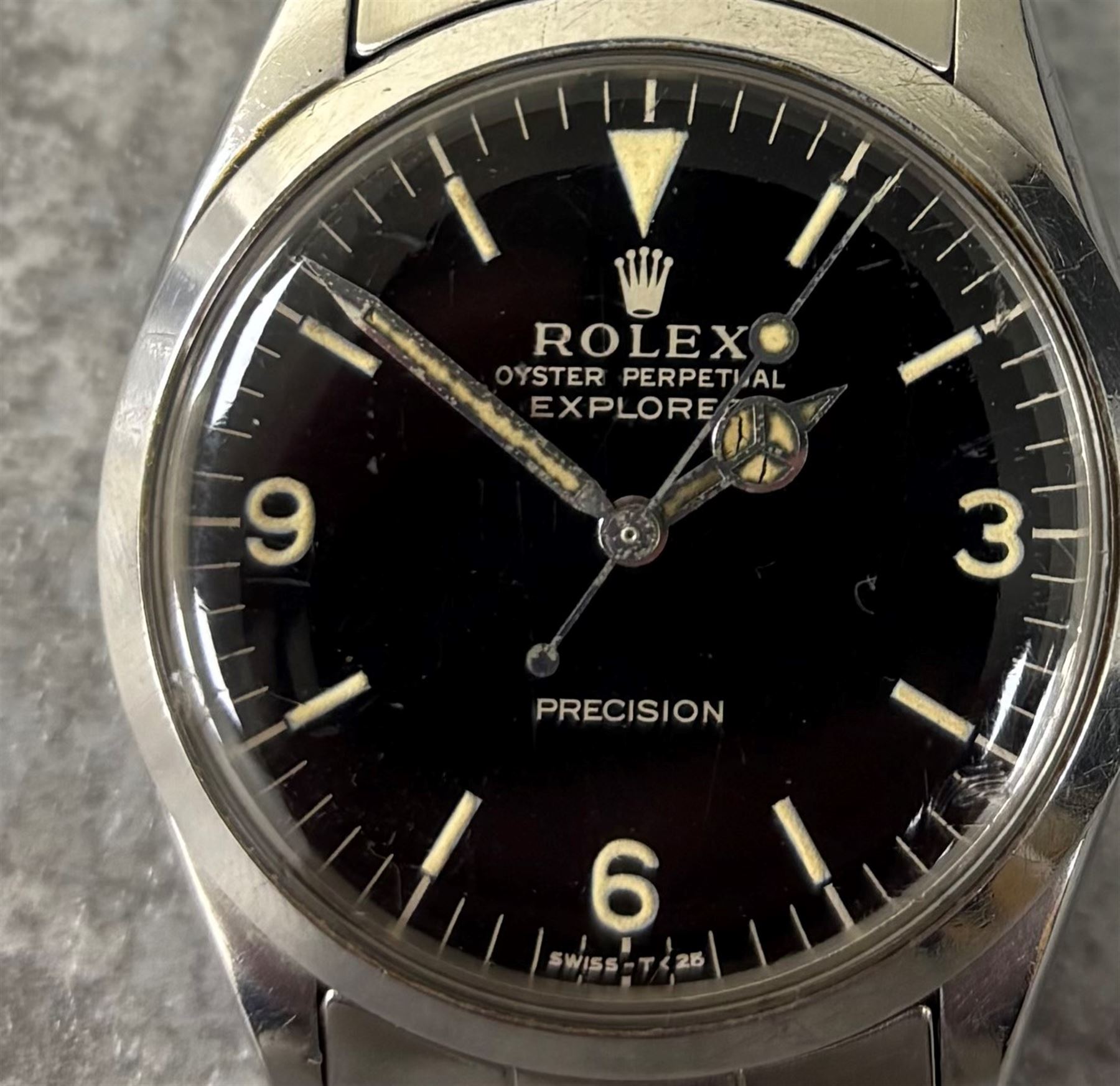 Rolex Oyster Perpetual Explorer Precision gentleman's automatic wristwatch, circa 1967, Ref. 5500, serial No. 1737240, gloss black dial with luminous baton hour markers, Arabic quarters, Mercedes hands with luminous inserts, on Rolex Oyster stainless steel strap with fold-over clasp