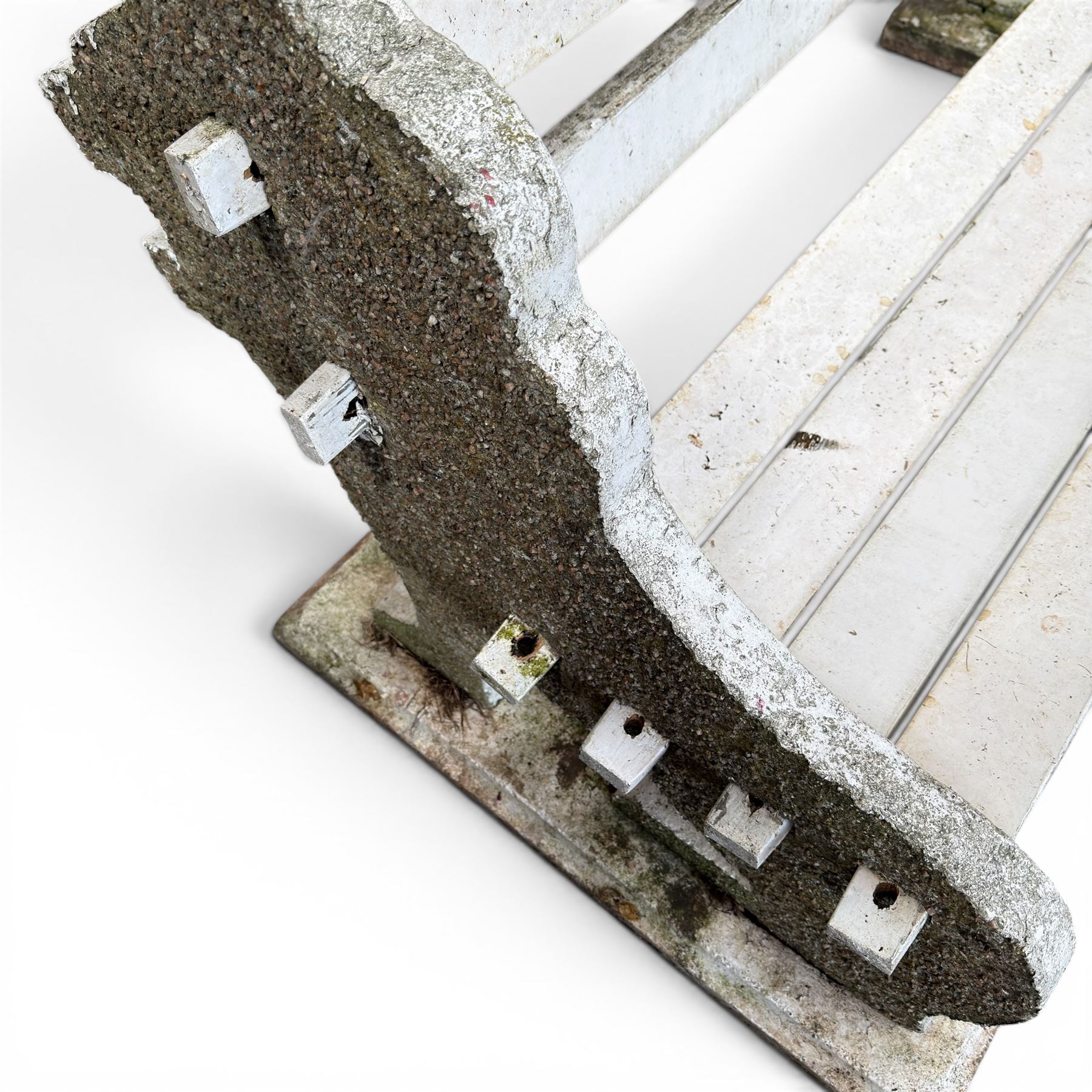 Composite stone white painted garden lion bench, the end supports in the form of standing lions, with pegged back and seat slats