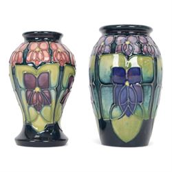 Moorcroft two miniature vases, in violets pattern, with original boxes, H11cm 
