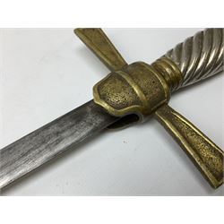 American Masonic sword, 69cm polished blade, cast brass hilt and finial with rope twist steel plated grip, steel and brass scabbard, 87.5cm overall