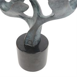 Bronze sculpture modelled as a trio of herons taking flight upon a circular marble base, signed and with foundry mark, H47cmH44cm