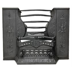Georgian cast iron fire hob grate, with Adam style decoration, together with a Victorian cast iron fire front, decorated with Britannia and Prince of Wales's feather motifs 
