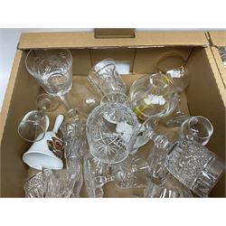 Four boxes of glassware to include drinking glasses, art glass vase signed beneath, coloured glass etc
